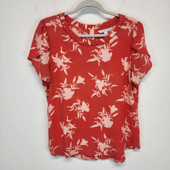 41Hawthorn Floral Ruffle Sleeve Blouse Size L Eyelet Neck Chiffon Flowy Office - Picture 1 of 7